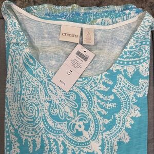 Chico's Turquoise and White Paisley Short Sleeve Tee